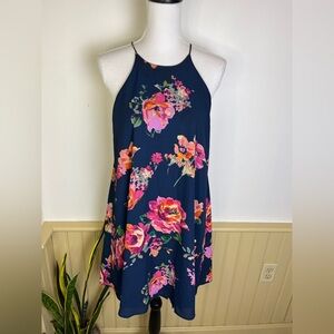 Everly Anthropologie Halter Dress M Navy Floral Fall Layering Boho Wedding Guest
